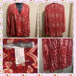 Forever 21 BLOUSE TOP LONG SLEEVE RED PAISLEY SZ S